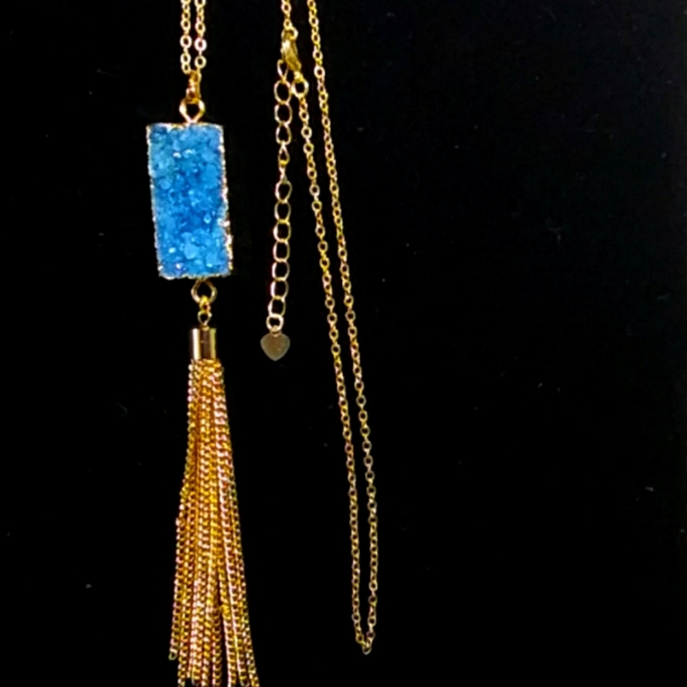 Teal Druzy Gold Hammered Setting & Tasseled NWOT